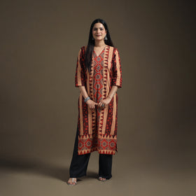 Hand Block Print Cotton Straight Long Ajrakh Kurta for Women 02