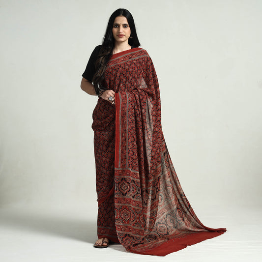 Red - Ajrakh Block Printed Mul Cotton Saree