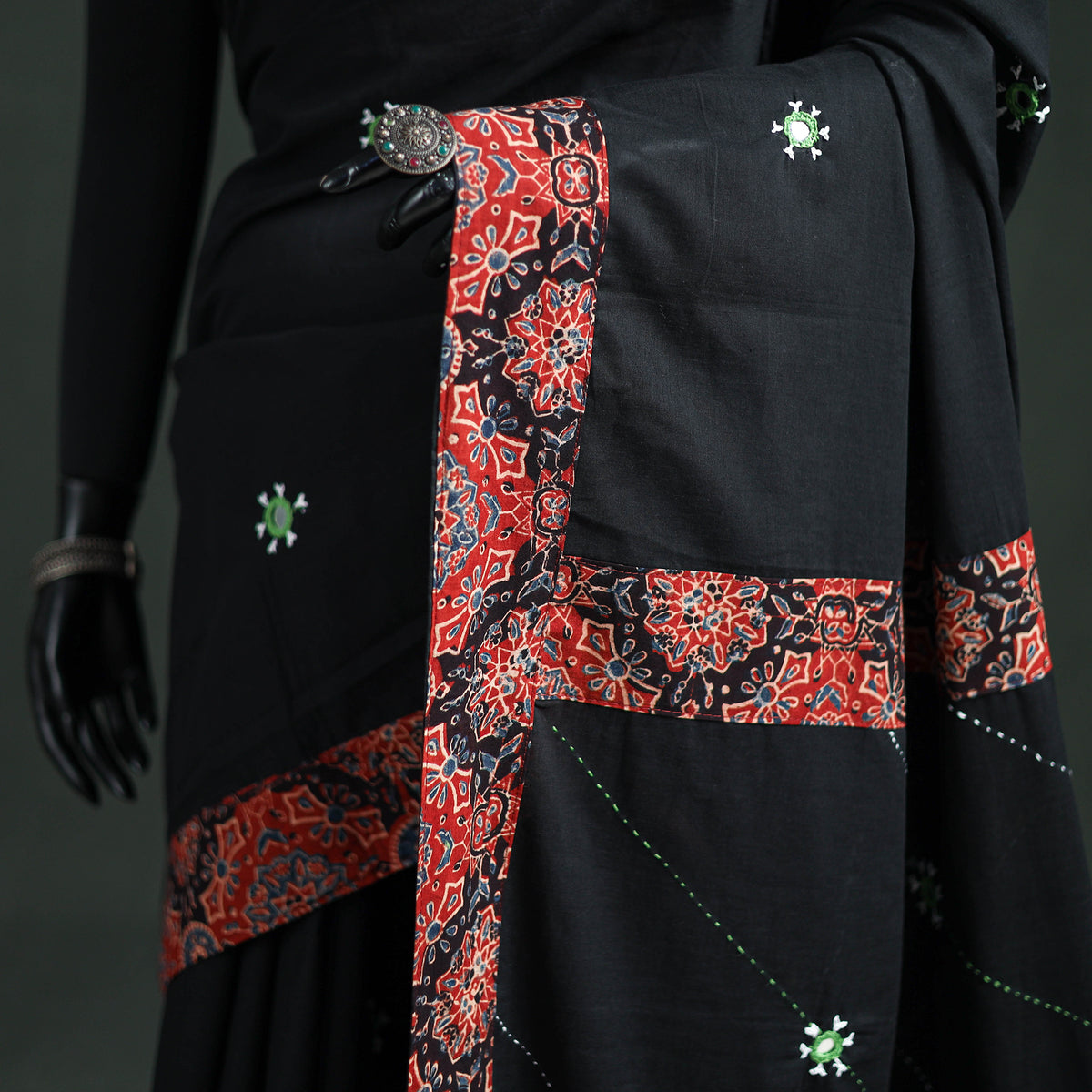 Tagai & Mirror Embroidered Ajrakh Patchwork Pure Mul Cotton Saree with Blouse Piece 16