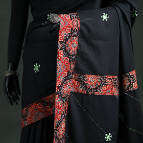 Tagai & Mirror Embroidered Ajrakh Patchwork Pure Mul Cotton Saree with Blouse Piece 16