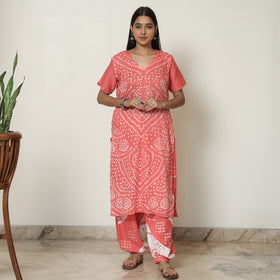 Peach - Bandhani Tie-Dye Cotton Kurta with Afghani Salwar & Dupatta Set 06