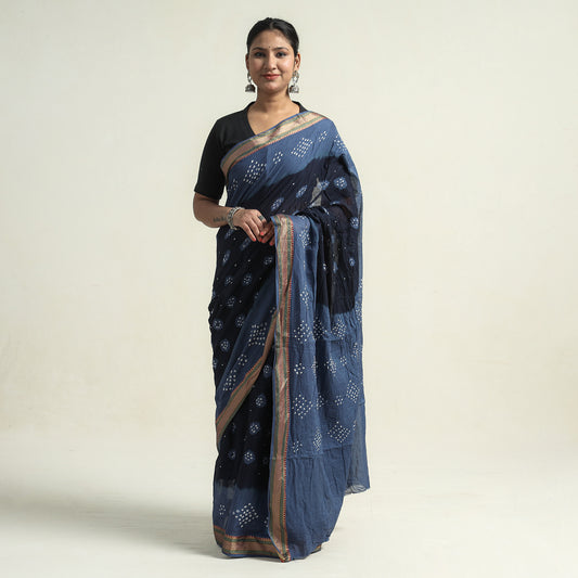 Blue - Kutch Bandhani Tie-Dye Cotton Saree with Blouse Piece