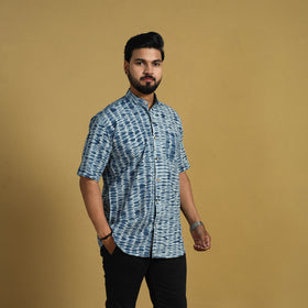  Blue Half Sleeve Tie & Dye Cotton Men Shibori Shirt