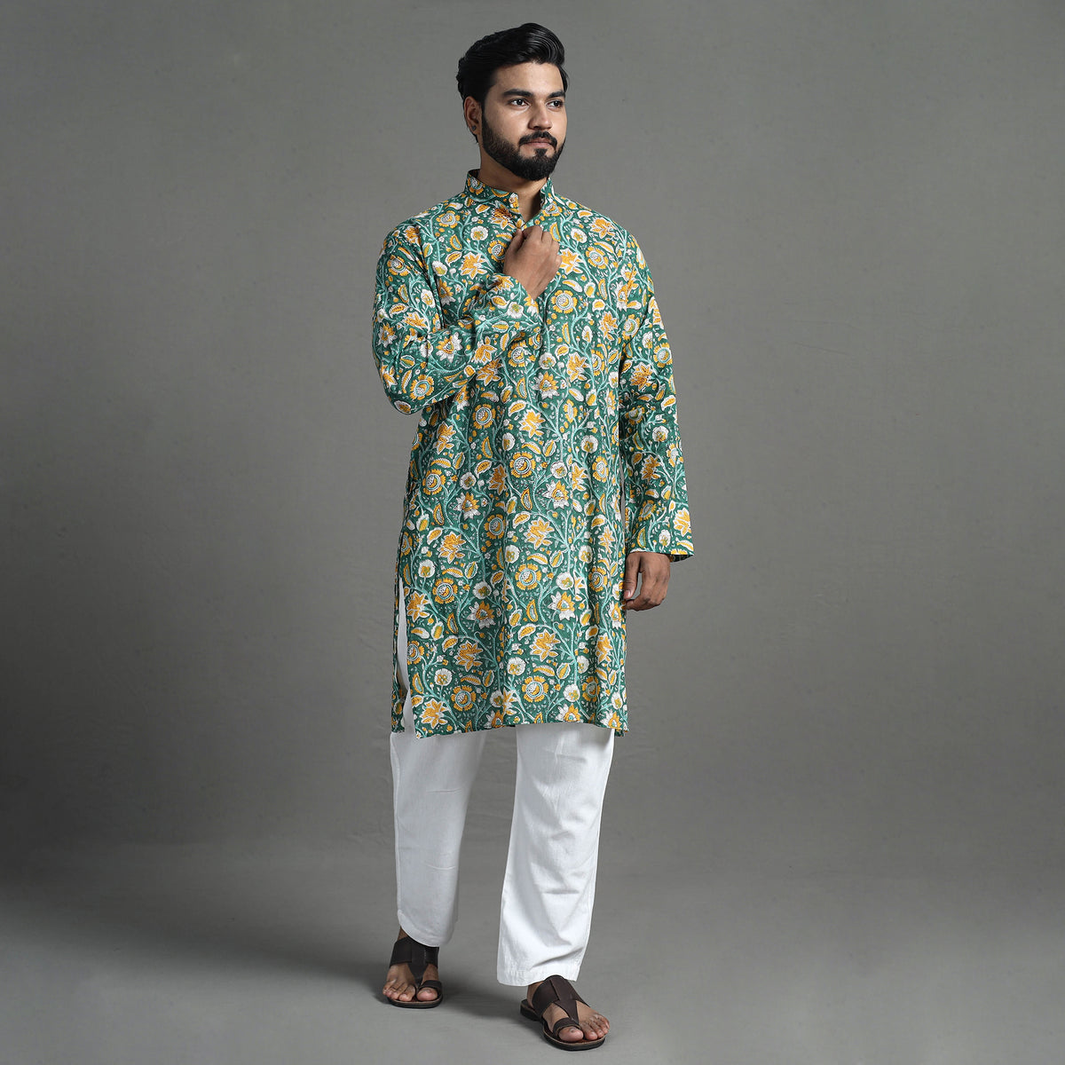 Block Print Cotton Sanganeri Kurta for Men (Long) 10
