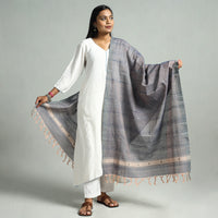 Grey - Godavari Jamdani Buti Handloom Handspun Cotton Dupatta with Tassels 04