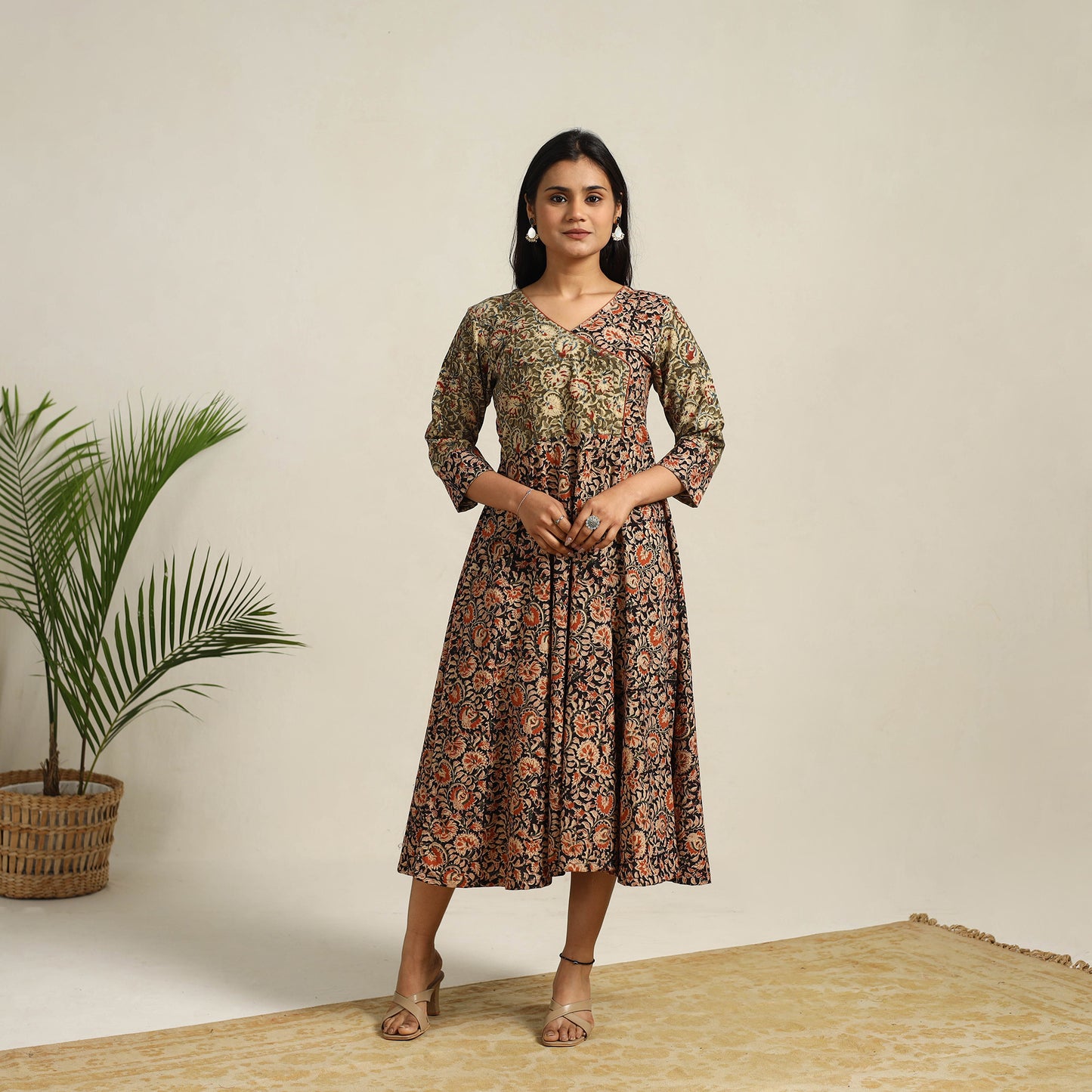 Pedana Block Print Cotton Flared Kalamkari Dress 03