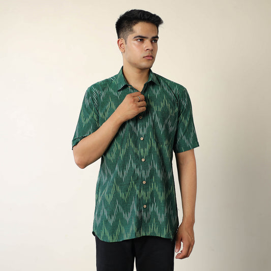 Green - Pochampally Ikat Weave Cotton Men Half Sleeve Shirt 03