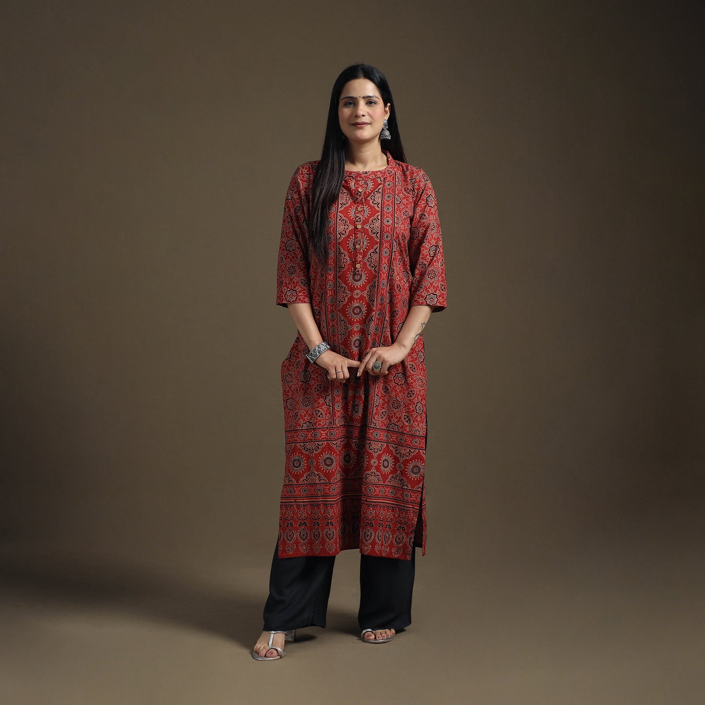 Hand Block Print Cotton Straight Long Ajrakh Kurta for Women 06