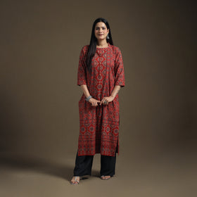 Hand Block Print Cotton Straight Long Ajrakh Kurta for Women 06