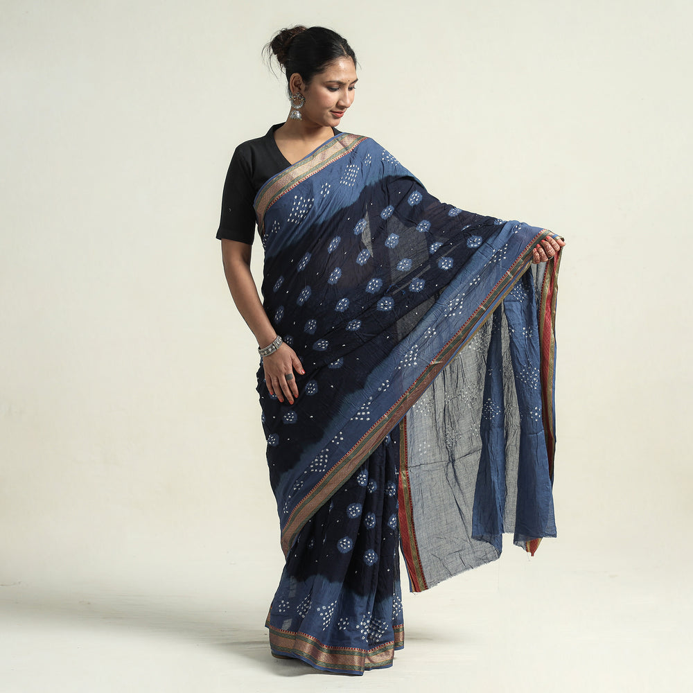 Blue - Kutch Bandhani Tie-Dye Cotton Saree with Blouse Piece