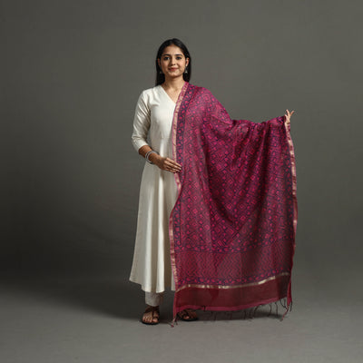 Purple - Block Printed Chanderi Silk Bagru Dupatta 13