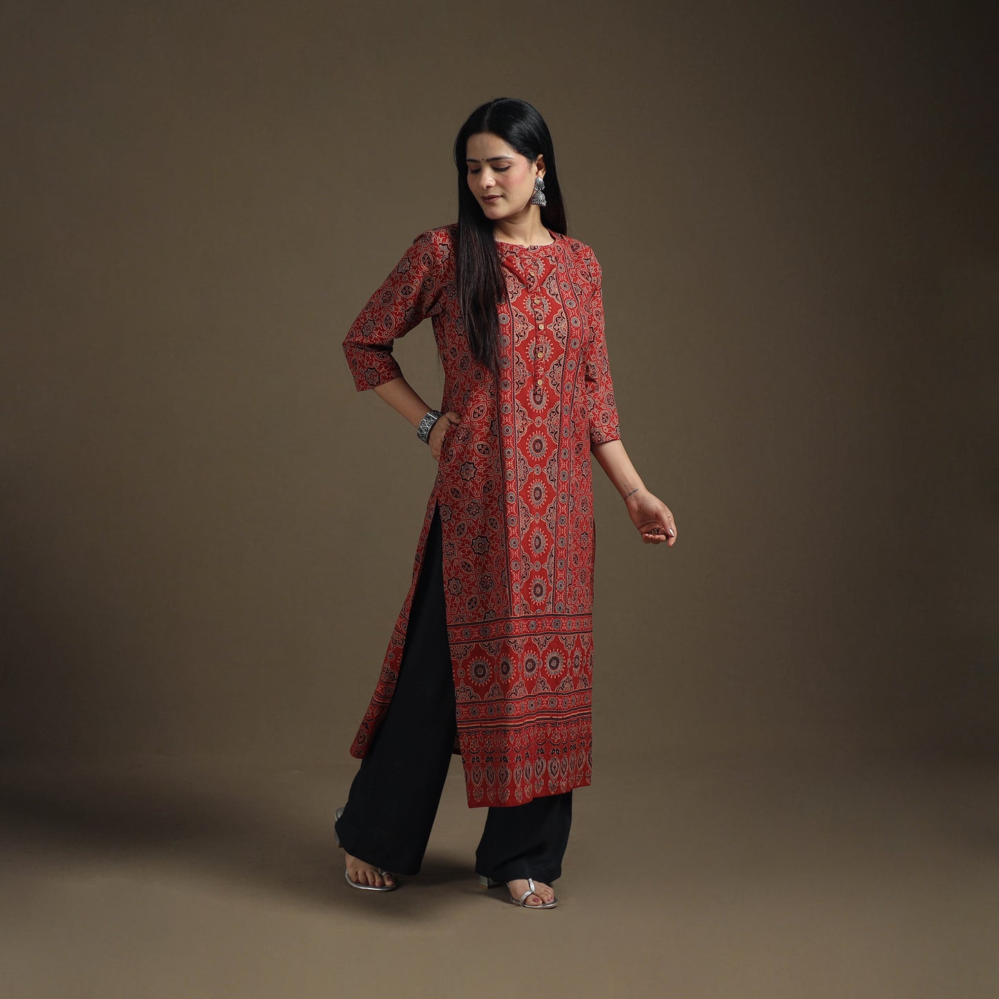 Hand Block Print Cotton Straight Long Ajrakh Kurta for Women 06