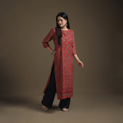 Hand Block Print Cotton Straight Long Ajrakh Kurta for Women 06