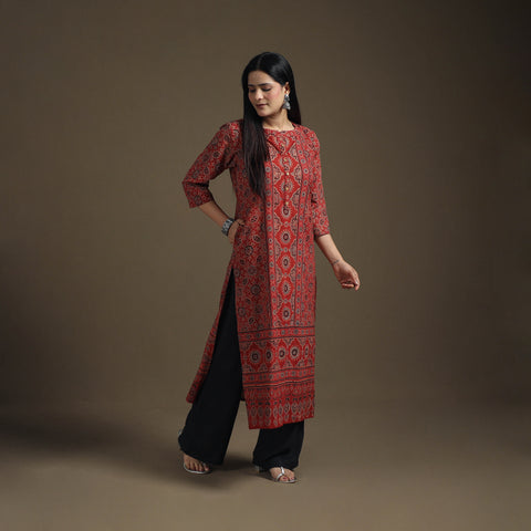 Hand Block Print Cotton Straight Long Ajrakh Kurta for Women 06