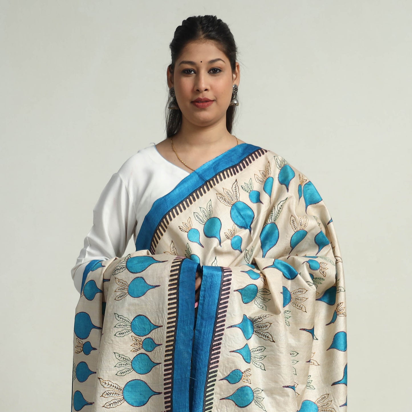 Bengal Kantha Hand Embroidery Desi Tussar Silk Block Print Handloom Dupatta 07