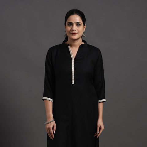 Black - Mahnoor Plain Merino Woolen Kurta