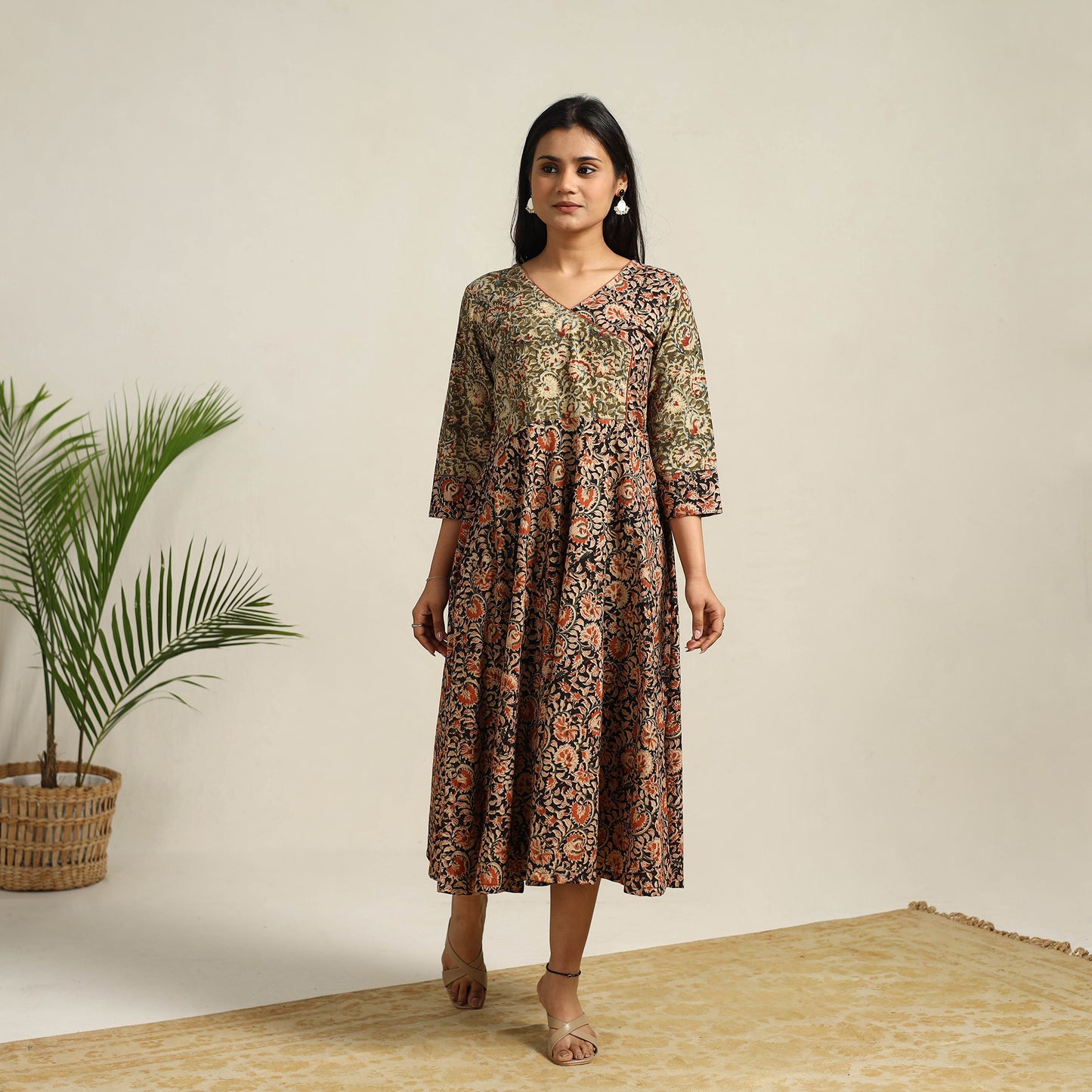 Pedana Block Print Cotton Flared Kalamkari Dress 03