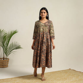 Multicolor - Pedana Block Print Cotton Flared Kalamkari Dress 03