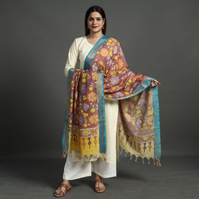 Srikalahasti Pen Work Kalamkari Cotton Handpainted Zari Border Dupatta with Tassels 105