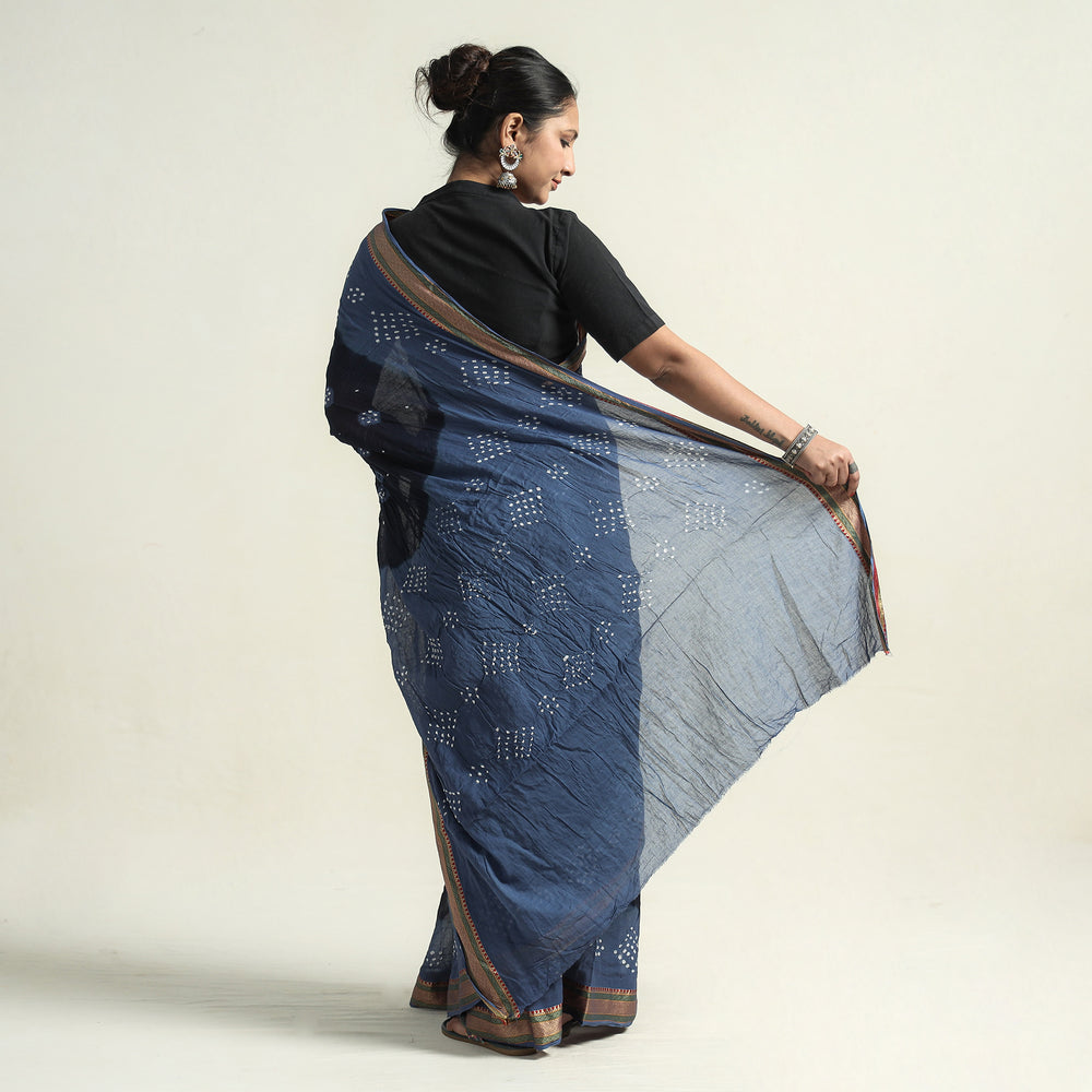 Blue - Kutch Bandhani Tie-Dye Cotton Saree with Blouse Piece