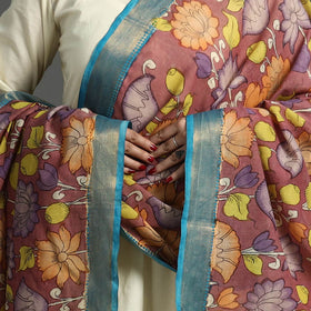 Srikalahasti Pen Work Kalamkari Cotton Handpainted Zari Border Dupatta with Tassels 105