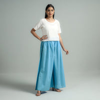 Blue - Plain Dyed Cotton Flared Palazzo