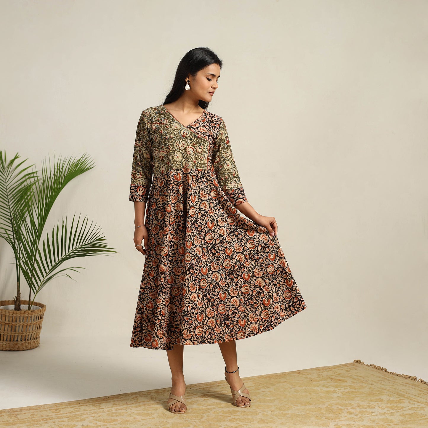 Pedana Block Print Cotton Flared Kalamkari Dress 03