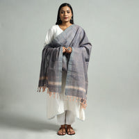 Grey - Godavari Jamdani Buti Handloom Handspun Cotton Dupatta with Tassels 04