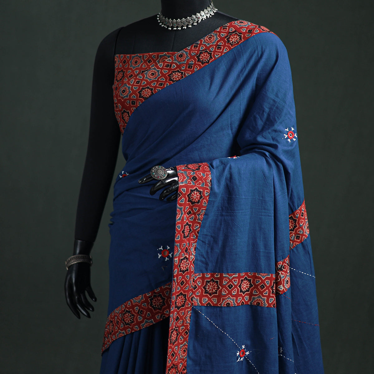 Tagai & Mirror Embroidered Ajrakh Patchwork Pure Mul Cotton Saree with Blouse Piece 17