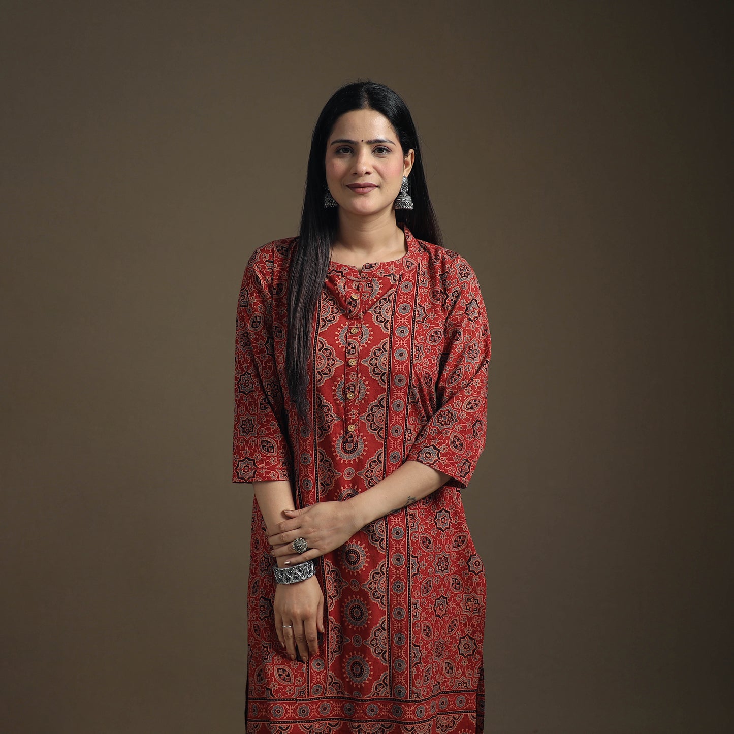 Hand Block Print Cotton Straight Long Ajrakh Kurta for Women 06