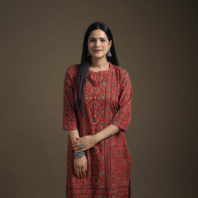 Hand Block Print Cotton Straight Long Ajrakh Kurta for Women 06