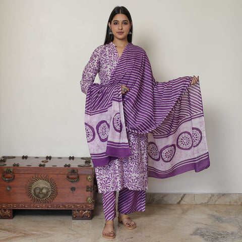 Purple - Hand Batik Printed Cotton Kurta with Palazzo & Dupatta Set 15