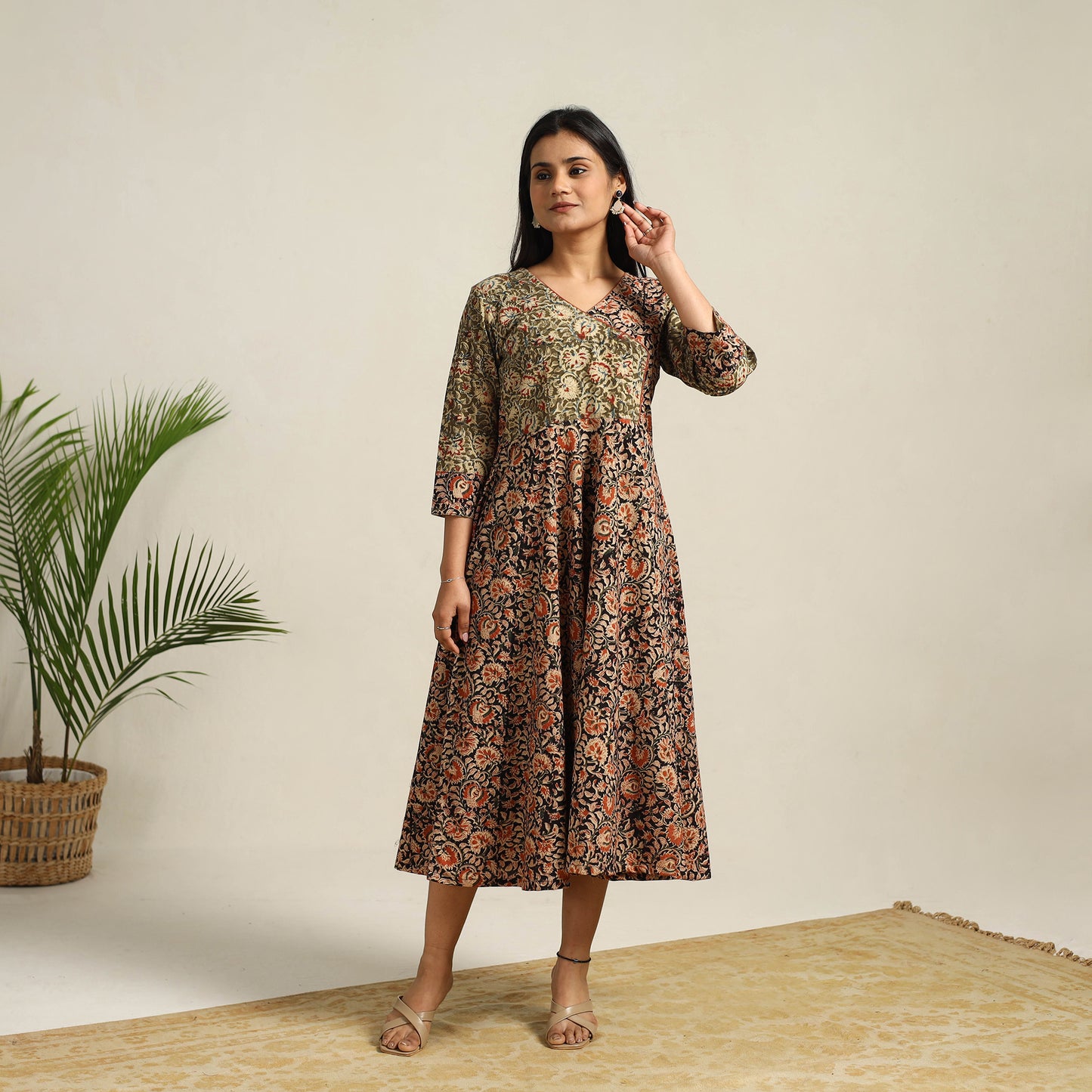 Pedana Block Print Cotton Flared Kalamkari Dress 03