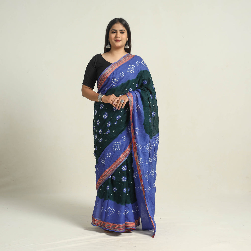 Green - Kutch Tie-Dye Cotton Bandhani Saree with Blouse Piece 11