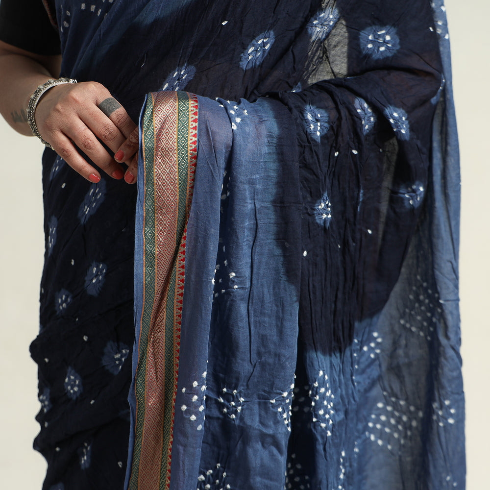 Blue - Kutch Bandhani Tie-Dye Cotton Saree with Blouse Piece