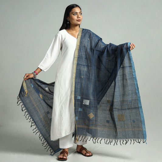 Blue - Godavari Jamdani Buti Handloom Handspun Cotton Dupatta with Tassels 05