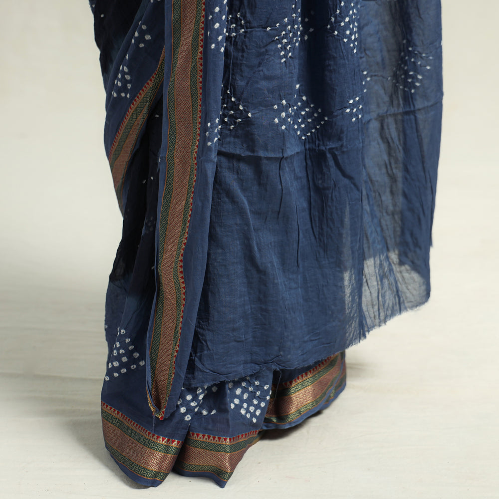 Blue - Kutch Bandhani Tie-Dye Cotton Saree with Blouse Piece