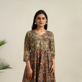 Multicolor - Pedana Block Print Cotton Flared Kalamkari Dress 03