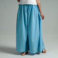 Blue - Plain Dyed Cotton Flared Palazzo