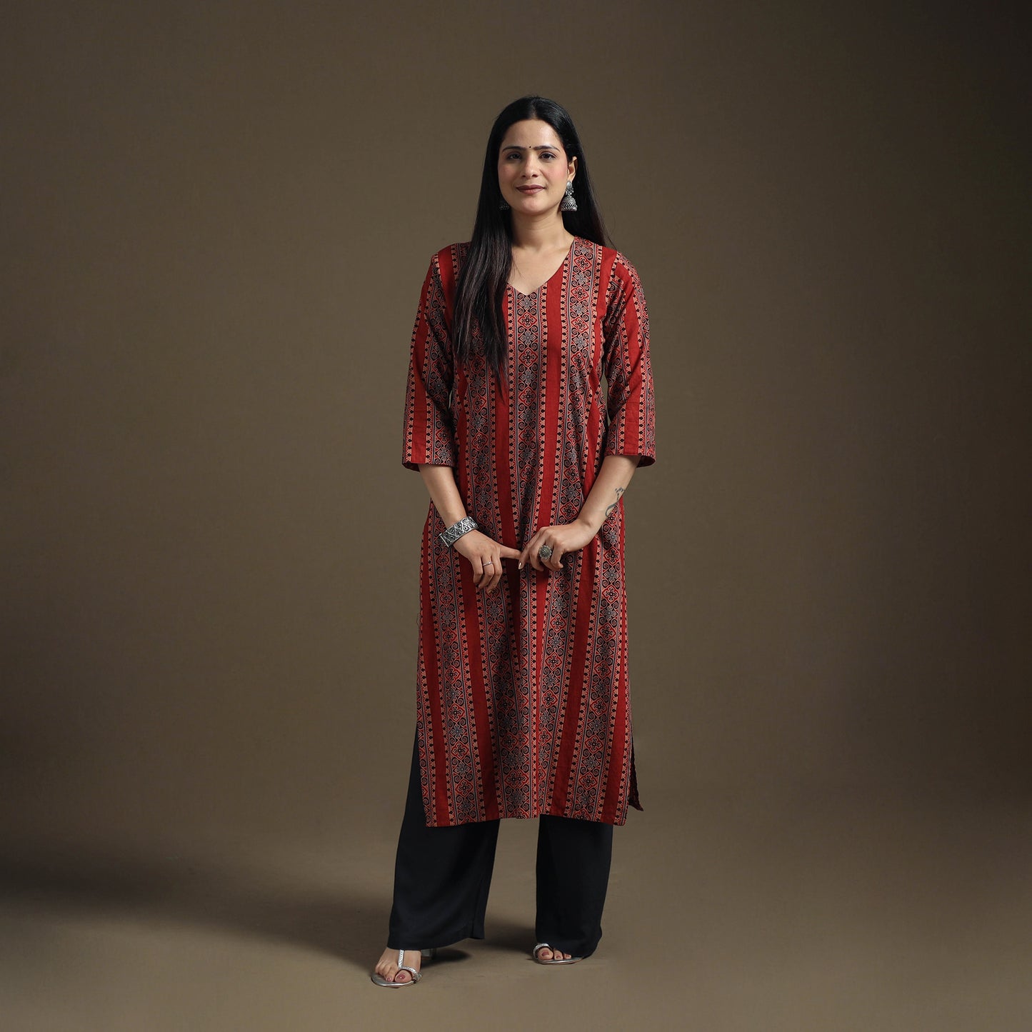 Hand Block Print Cotton Straight Long Ajrakh Kurta for Women 11