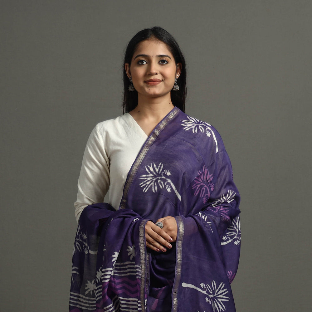 Blue - Block Printed Chanderi Silk Bagru Dupatta 14