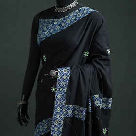 Tagai & Mirror Embroidered Ajrakh Patchwork Pure Mul Cotton Saree with Blouse Piece 18