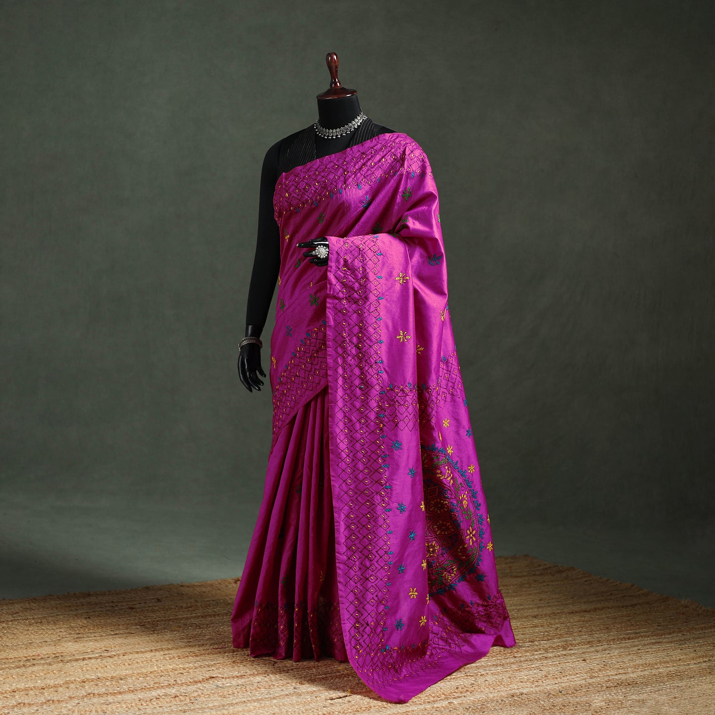 Purple - Bengal Nakshi Kantha Hand Embroidered Silk Saree 21