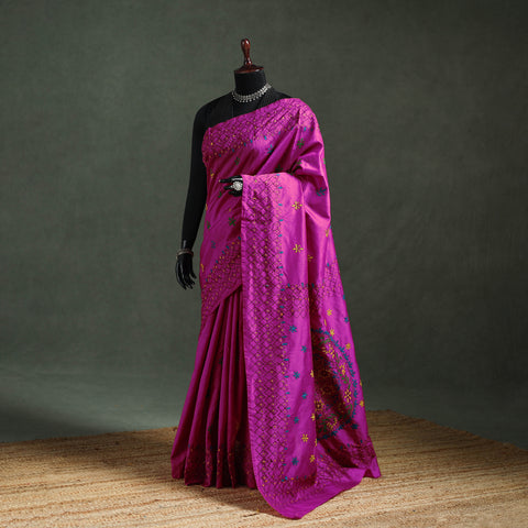 Purple - Bengal Nakshi Kantha Hand Embroidered Silk Saree 21