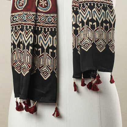 Black - Ajrakh Block Printed Modal Silk Stole with Tassels 01
