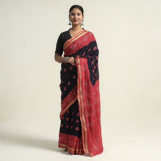 Pink - Kutch Bandhani Tie-Dye Cotton Saree with Blouse Piece