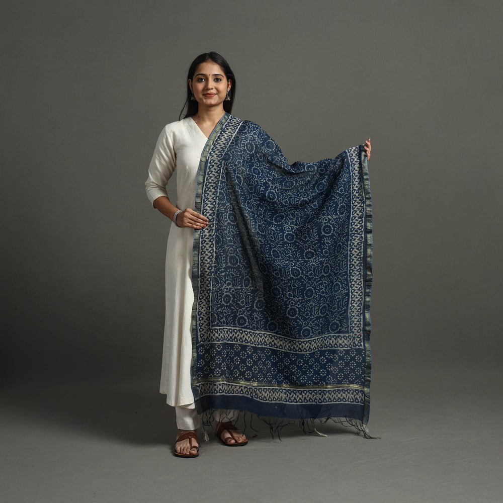 Blue - Block Printed Chanderi Silk Bagru Dupatta 15