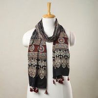 Black - Ajrakh Block Printed Modal Silk Stole with Tassels 01