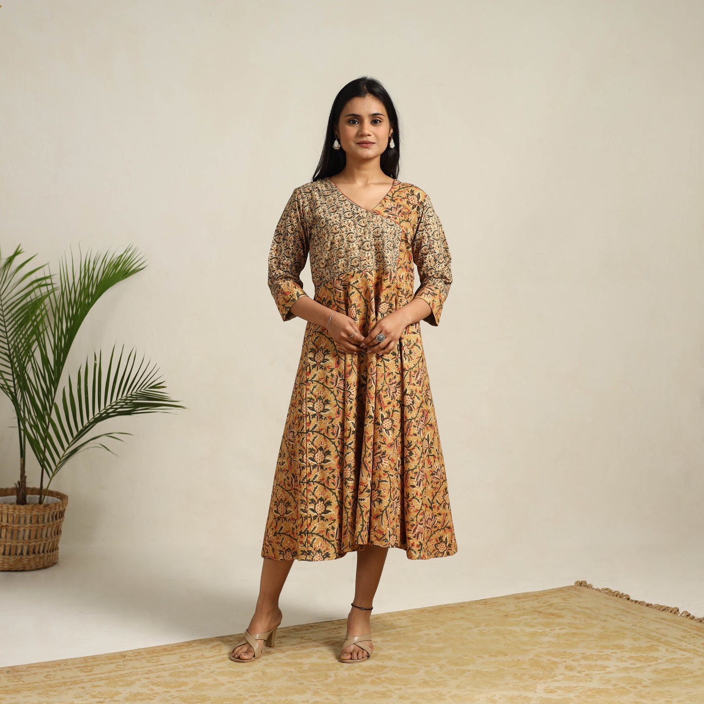 Pedana Block Print Cotton Flared Kalamkari Dress 04