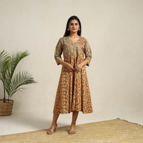 Buy Yellow Pedana Block Print Cotton Flared Kalamkari Dress